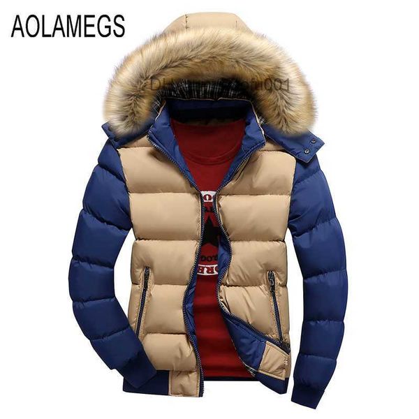 Parkas de plumón para hombre Parkas de plumón para hombre Al por mayor- Aolamegs Chaqueta de invierno Hombres Moda Contraste Color Piel Abrigo de invierno con capucha Acolchado de algodón M-4XL Z230710