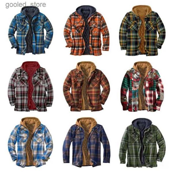 Parkas pour hommes Veste de chemise en flanelle pour hommes avec capuche amovible Plaid matelassé doublé manteaux d'hiver en plein air épais à capuche vêtements d'extérieur homme chemises en polaire Q231024