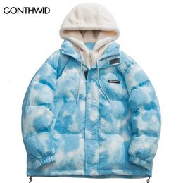 Parkas pour hommes Men Homme Hooded Parka Jackets Streetwear Hip Hop Tie Dye Fuzzy Fluffy Hood Témous Mouilles chaudes Harajuku Fashion décontractée Outdoor 231212