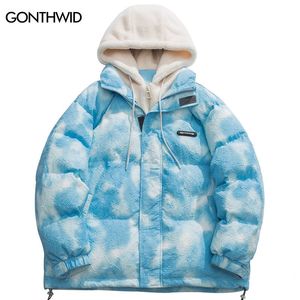 Parkas pour hommes Men Homme Hooded Parka Jackets Streetwear Hip Hop Tie Dye Fuzzy Fluffy Hood Mouilles chaudes HARAjuku Fashion Casual Outdoor 221124