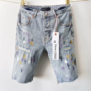 Paarse jeans Denim shorts van het paarse merk verkoopt high street Amerikaanse plus-size hiphop gescheurde streetwear trend met spattende inkt en gescheurde denim shorts voor heren in de zomer