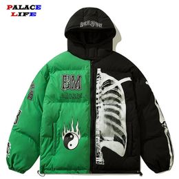 Heren Down Parkas Mens Winter Parka Jacket Yin Yang Skeleton Print Streetwear Outdarse leer Harajuku Gedekte kapsel losse warme jas unisex 221117