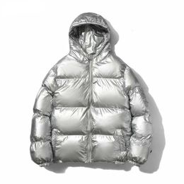 Mannen Down Parka Glanzend Zilver Gecoat Metallic Streetwear Winter Capuchon Jas Lente Harajuku Dikker Warm Uitloper 231011