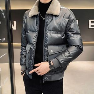 Parkas pour hommes hiver brillant hommes veste outillage style revers épaissir chaud manteau décontracté noir gris mode coréenne lâche court vêtements d'extérieur 231013
