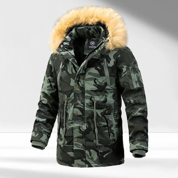 Vestes d'hiver Parkas pour hommes avec capuche en fourrure Camouflage hommes randonnée en plein air Trekking manteaux épaissir chaud 231213