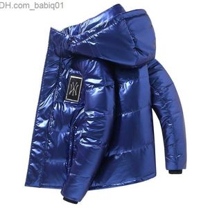 Hommes Down Parkas Hiver Nouveau Cuir Brillant Hommes Épaissir Chaud Vers Le Bas Veste Casual Parka Outwear Étanche Col Montant À Capuche Manteau Vêtements T230803