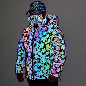 Donsparka's voor heren Winterregenboogkleurig reflecterend jack Warme jas met capuchon Grote maten Chaquetas Hombre Heren