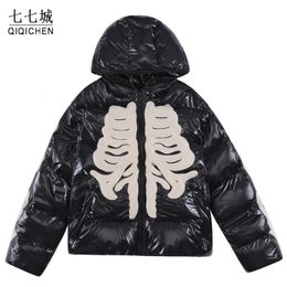 Parkas pour hommes Hiver Rétro Squelette Parka Hommes Veste Lumineuse Hip Hop Street Harajuku Y2k Épaissir Chaud Rembourré Manteaux Lâche Coupe-Vent Manteau Unisexe 231017