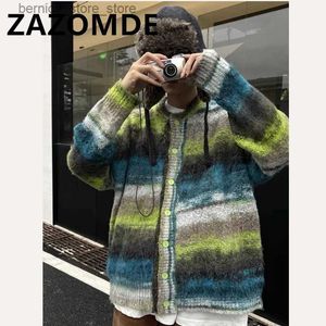 Parkas pour hommes ZAZOMDE hiver coloré Cardigan pull rayé arc-en-ciel tricoté bouton manteau mode contraste couleur pull manteau Y2K Couple hauts Q231205