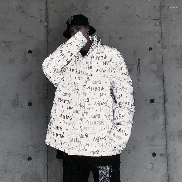 Hommes vers le bas réfléchissant hommes veste d'hiver Parkas manteau coupe-vent épaissir ample extérieur Hip Hop chaud Erkek Giyim Streetwear BD50PS