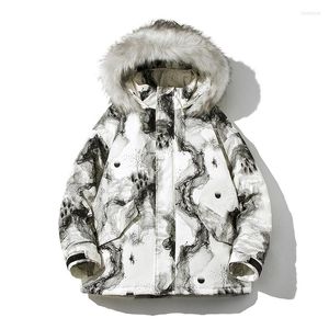 Heren down winter capuchon cooded cotton-padded jacket tide merk los inkt schilderen printen retro grote bont kraag met gewatteerde jasa577999