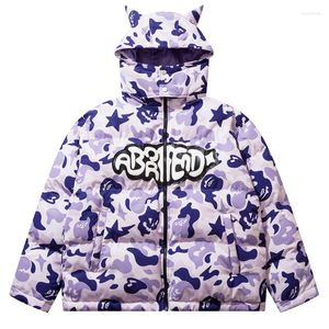 Hommes vers le bas hiver amovible capuche veste Parkas Streetwear Camouflage diable corne épaissir chaud Y2k manteaux Harajuku surdimensionné Hip Hop