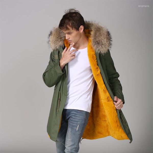 Plumón de hombre con forro de piel sintética de espesor amarillo ropa informal de invierno para hombre con sudaderas con capucha de mapache Natural