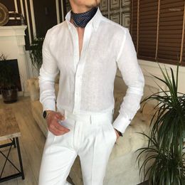Мужские классические рубашки 2022, модные итальянские рубашки, приталенные льняные мужские рубашки с вертикальным воротником, белые однотонные мужские повседневные деловые рубашки
