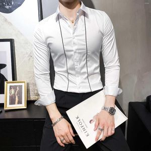 Heren -jurken shirts 2023 voor mannen kleding Koreaanse slanke fit blouses lange mouw streetwear mannelijke casual zakelijke formele gestreepte tops w219