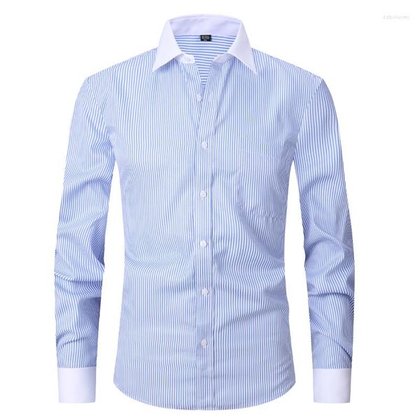 Chemises habillées pour hommes 2023 Hommes classiques français poignets chemise rayée simple patch poche bouton de manchette inclus mariage à manches longues