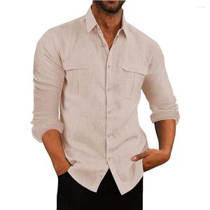 Chemises habillées pour hommes 2023 chemise à manches longues en coton et lin pour hommes couleur unie décontracté avec poches hauts