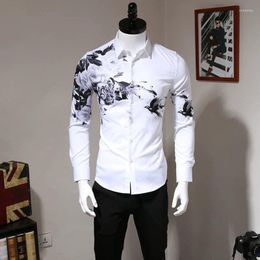 Chemises Habillées Homme 2023 Chemise Homme Automne Fleur Oiseau Impression Numérique Blanc