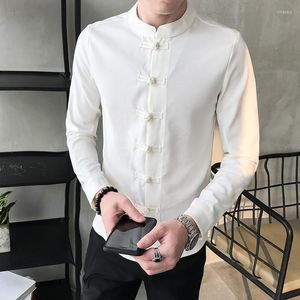 Herenjurken shirts 2023 Men shirt Chinese stijl kleding slank fit lange mouwen camisa sociaal kantoor slijtage mandarijn kraag