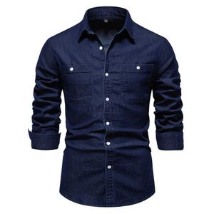 Heren -jurken shirts 2023 Nieuwe herfstheren denim shirt katoen elastisch casual sociaal ontwerp dubbele zakken slanke jeans shirts voor mannen d240427