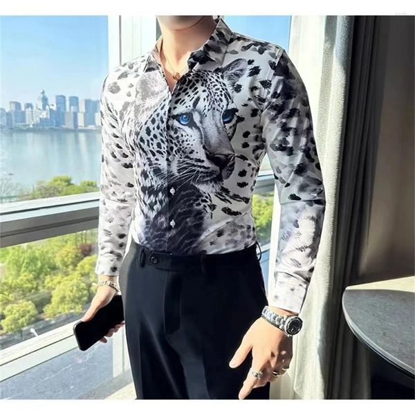 Chemises de robe masculine 2024 3D Léopard Imprimer Casual Shirt Long Manche à manches longues Slim Brand Inch Vêtements