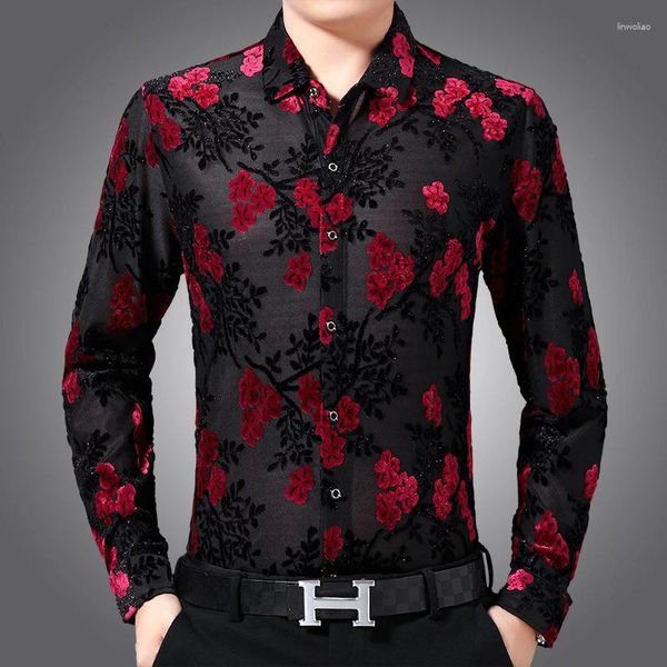Chemises habillées masculines 2024 marque décontractée printemps luxe à fleur creux chemise à manches longues slim fit des hommes de la fête de la fête