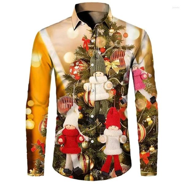 Chemises habillées pour hommes 2024 Chemise de Noël Père Noël Bonhomme de neige Bouton à manches longues Top HD Modèle doux confortable et polyvalent