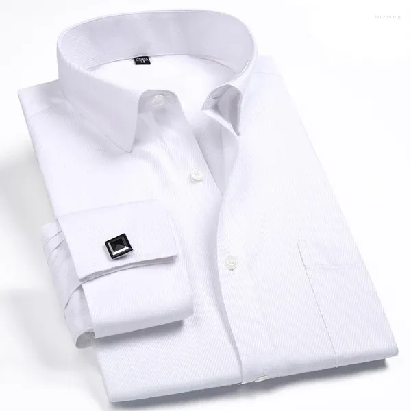 Chemises habillées pour hommes 2024 Classique Blanc Français Boutons de manchette Coupe régulière Business Manches longues Revers Hommes Chemise sociale