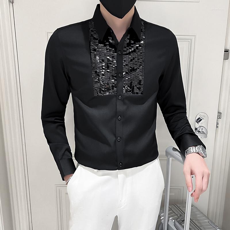 Heren Overhemden 2024 Design Shirt Man Wit Zwart Lange Mouw Smoking Voorkant Pailletten Slim Fit Top Kleding Bruiloft blouse