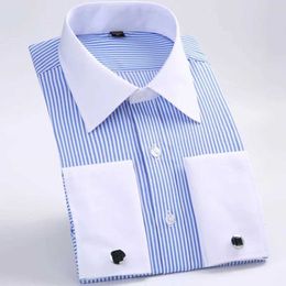 Chemises de robe masculine 2024 Mentes Classic French Cuffs Droite Robe Shirt Single Patch Pocket Cuffer inclus les chemises de mariage Long Sled D240507