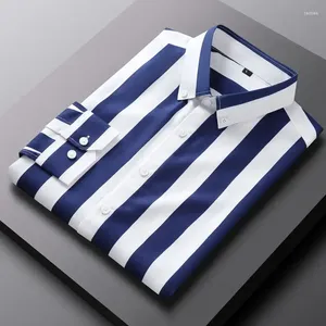 Heren DRAAD SHIRTS 2024 Zomer Jeugd Professionele zaken Slim Fit Wide Stripe Office Lange mouw Puntige nek gesplitste knopforens