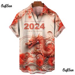 Heren DRAAD SHIRTS 2024 JAAR Modieuze revers Korte Mouw Tops Cool Dragon Print Street Hip Hop Clothing 5xl 231213