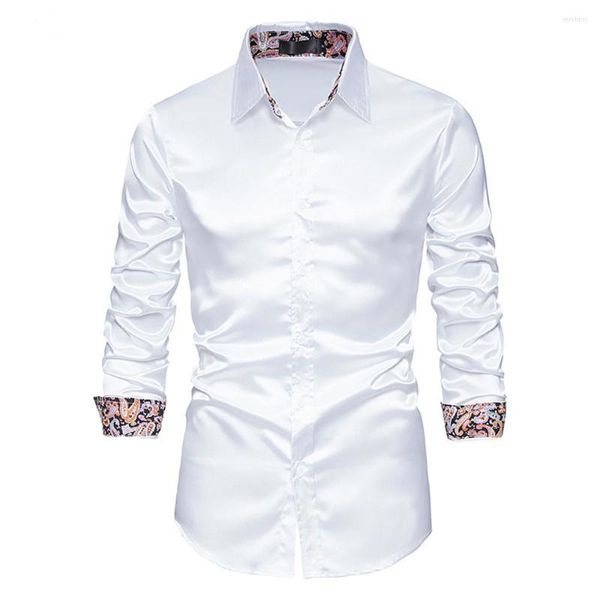 Chemises Habillées pour Hommes Automne Manches Longues Mode Chemise en Satin Contraste Bouton Décontracté Mince