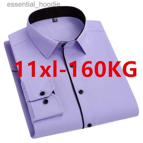 Camisas de vestir para hombres Otoño Hombres Camisa de oficina Manga larga suelta Tallas grandes 10XL 11XL 9XL Camisas de vestir formales Negocios Azul Negro Sólido Patchwork 160KG L230921