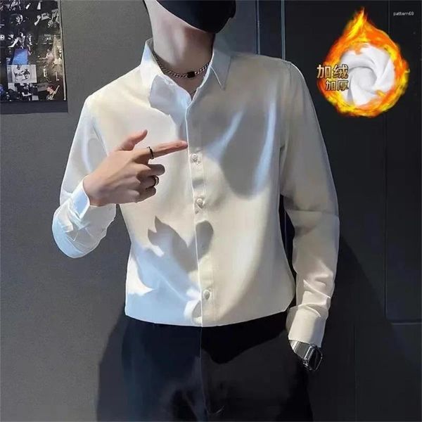 Camisas de Vestir para Hombres Otoño/Invierno Camisa de Lana Elástico Manga Larga Moda Coreana Delgada Versátil Color Sólido Casual Blanco Blusa Cálida