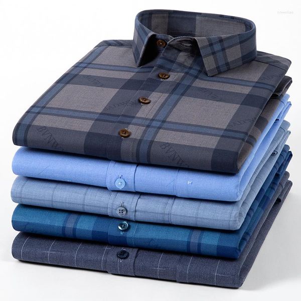 Camisas de vestir para hombres Camisa a cuadros de fibra de bambú Primavera Otoño Manga larga Rayas Impreso Negocios Casual Resistente a las arrugas Estiramiento a cuadros