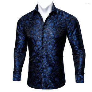 Heren Overhemden Barry Wang Mode Marineblauw Paisley Zijden Overhemd Heren Lange Mouw Casual Bloem Voor Designer Fit BCY-0051223V