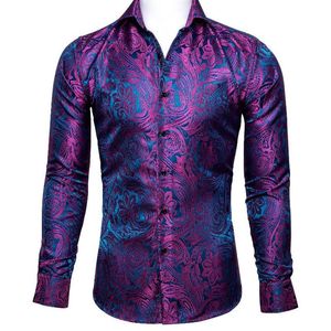 Chemises habillées pour hommes Barry Wang Luxe Rose Rouge Paisley Soie Hommes À Manches Longues Casual Fleur Pour Designer Fit Chemise BCY-0029290h