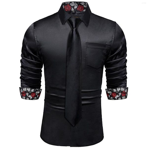 Camisas de vestir para hombres Esmoquin de satén elástico de diseñador floral negro con corbatas Fiesta de bodas Fiesta de graduación Camisa de manga larga de lujo para hombres Ropa