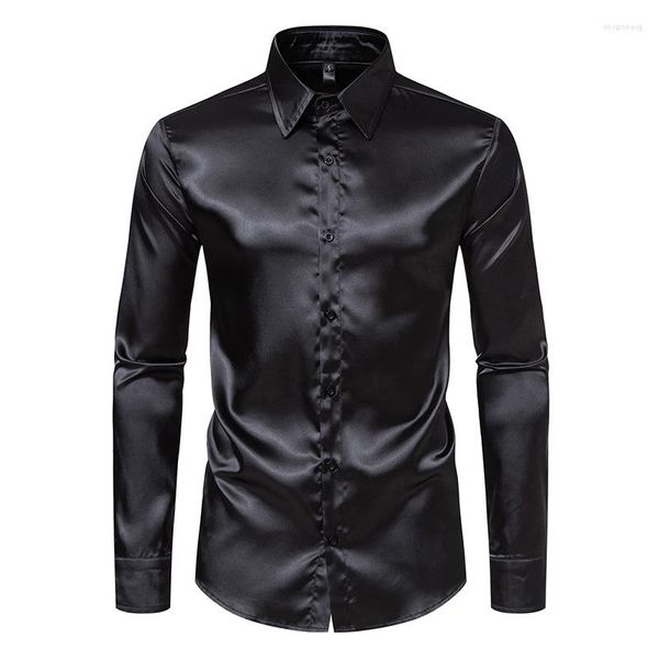 Chemises habillées pour hommes Chemise en satin de soie brillante noire pour hommes Hommes Casual Slim Fit Lisse Camisa Social Masculinas Mariage XXL