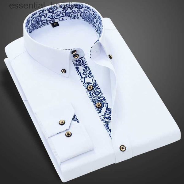 Chemises habillées pour hommes Chemise à col en porcelaine bleue et blanche pour hommes à manches longues coréen SlimFit chemises habillées décontractées couleur unie chemise blanche en coton L230921