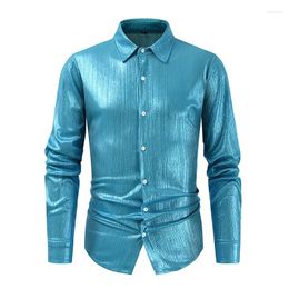 Heren overhemden blauw glanzend shirt met lange mouwen voor feest nachtclub merk pailletten mannelijk stijlvol trend podium prom chemise hombre