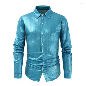 Chemises habillées pour hommes bleu brillant Chemise à manches longues pour fête discothèque marque paillettes mâle élégant tendance scène bal Chemise Hombre
