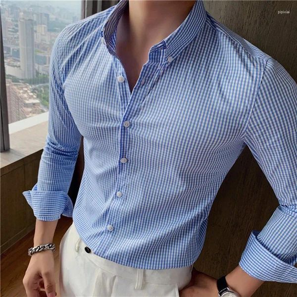 Camisas de vestir para hombres Estilo británico Hombres Camisa a cuadros 2024 Alta calidad Manga larga Negocios Casual Raya Streetwear Fiesta social