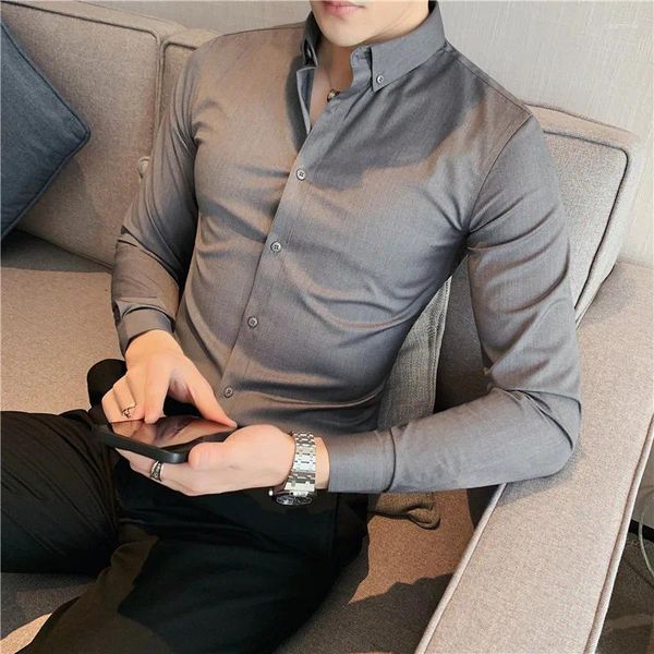 Camisas de vestir para hombres Estilo británico Camisa para hombre Manga larga 2024 Sólido Casual Slim Fit Camisas formales Moda Hombres Ropa de gran tamaño 7XL-S