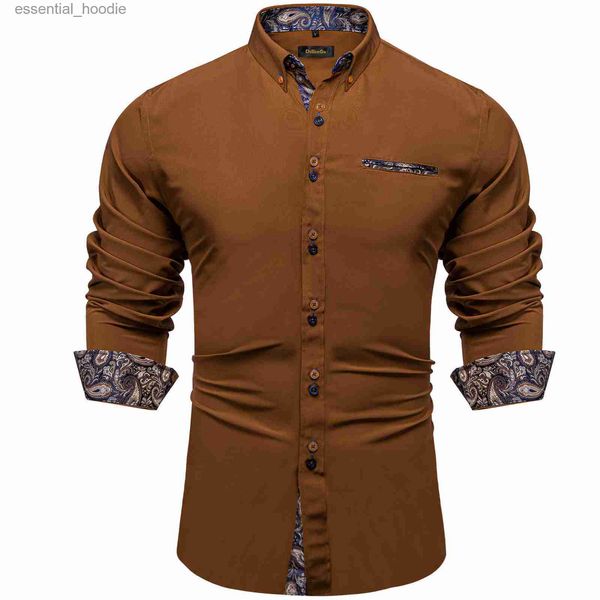 Camisas de vestir para hombres Camisas casuales sólidas marrones para hombres Azul Paisley Color Contraste Camisa de vestir de moda Diseñador de lujo Ropa para hombres L230921