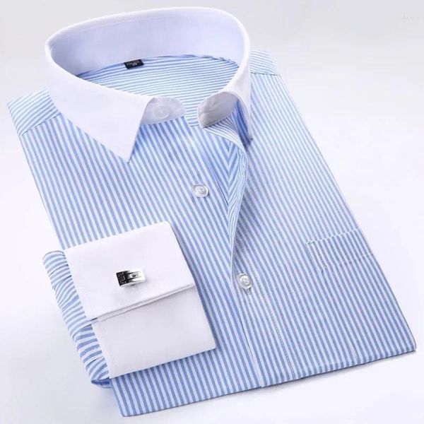 Camisas de vestir para hombre, puño francés de negocios, manga larga, cuello en contraste, bolsillo tipo parche, camisa de fiesta de boda Social de ajuste Regular