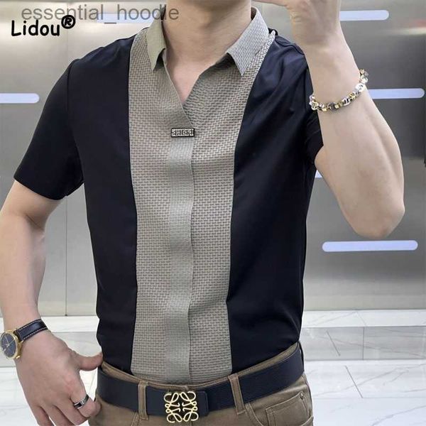 Camisas de vestir para hombres Oficina de negocios Casual Cuello de hombre Camisa delgada Tendencia Coreana Todo fósforo Patchwork Camisa de manga corta Verano Ropa masculina L230921