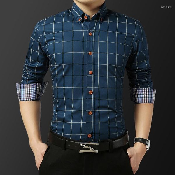 Camisas de vestir para hombre, camisa de manga larga con estampado a cuadros de negocios, 40% algodón, cuello puntiagudo suave, camisa Formal ajustada para hombre, ropa de calle