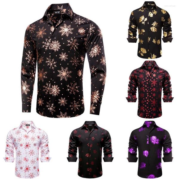 Camisas de vestir para hombres Navidad para hombre Seda Clásico Negro Marrón Manga larga Camisa de solapa Slim Fit Blusa para hombre Diseñador de negocios Regalos Hi-Tie